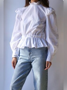 Ganni Women’s Top White‎ Cotton Poplin Blouse Ruffled Cropped Size 38 US M